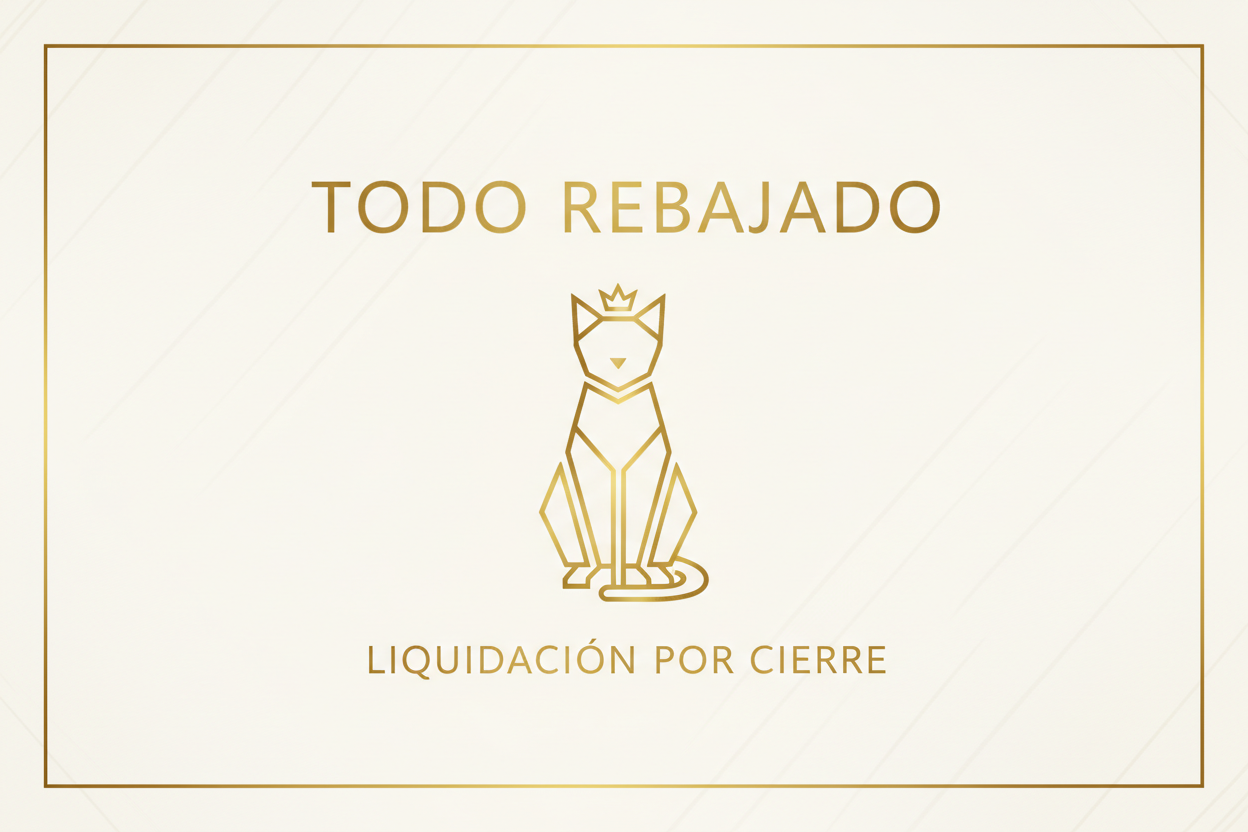 Todo rebajado, liquidación por cierre, gato dibujado en color dorado, diseño elegante y minimalista 